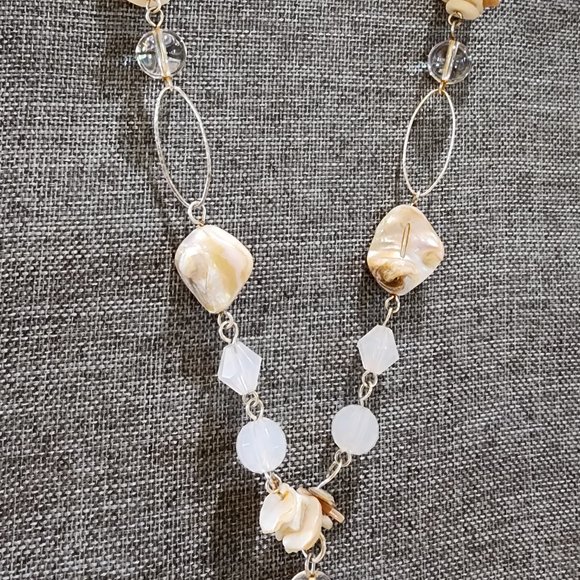 Abalone Shell Clear Glass Bead and White Bead Y Lariat Style Gold Necklace - Picture 7 of 12